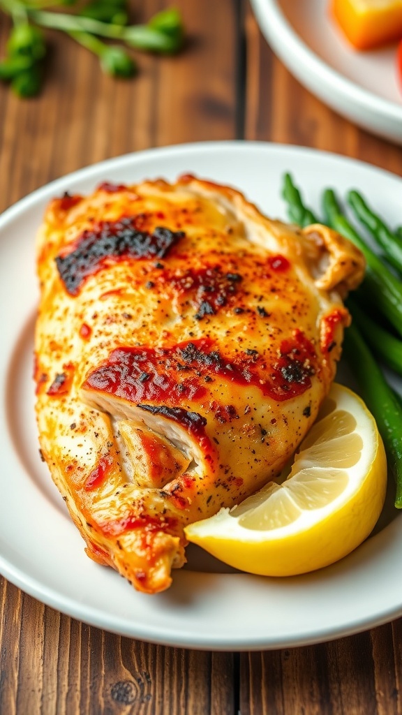 Air fryer chicken breast on a plate with lemon wedge, set on a wooden table.